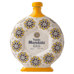 Decorative bottle of Tequila Mandala Reposado, floral design.