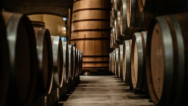 Wooden wine barrels in a dimly lit cellar.