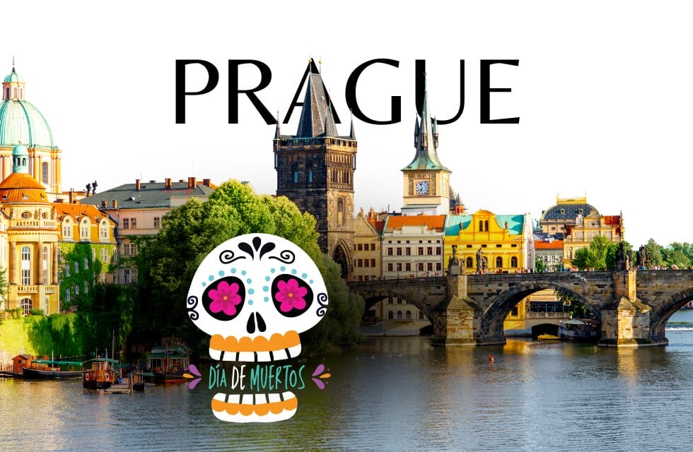 Prague skyline with Día de Muertos skull design.