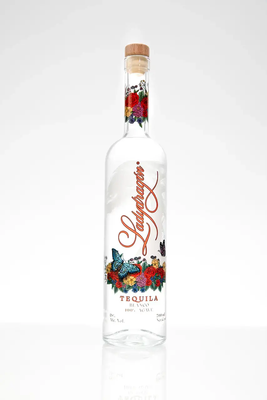 Ladydragon Blanco Tequila bottle with floral design