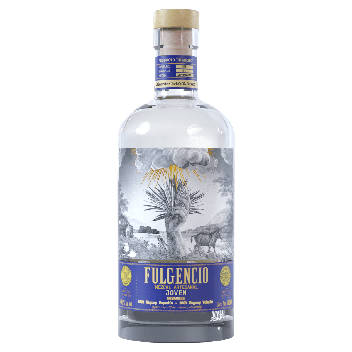 Fulgencio Mezcal Artesanal Joven bottle with illustrated label