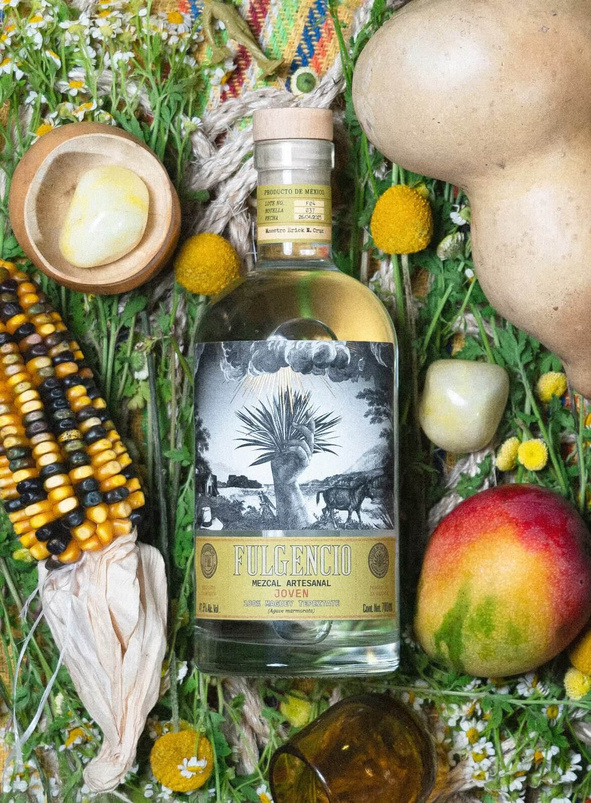 Fulgencio mezcal bottle with corn and mango