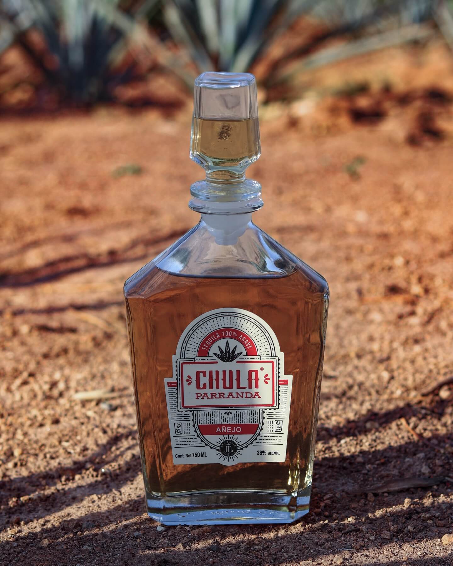 Bottle of Chula Parranda añejo tequila outdoors