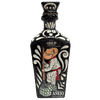 Decorative black tequila bottle with jimador illustration