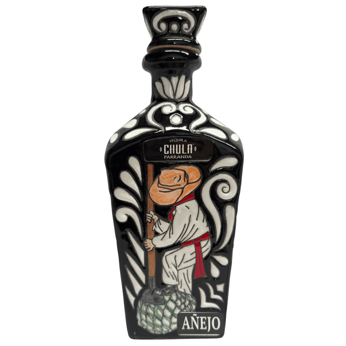 Decorative black tequila bottle with jimador illustration