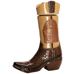 Boot-shaped ceramic tequila bottle with brown glaze