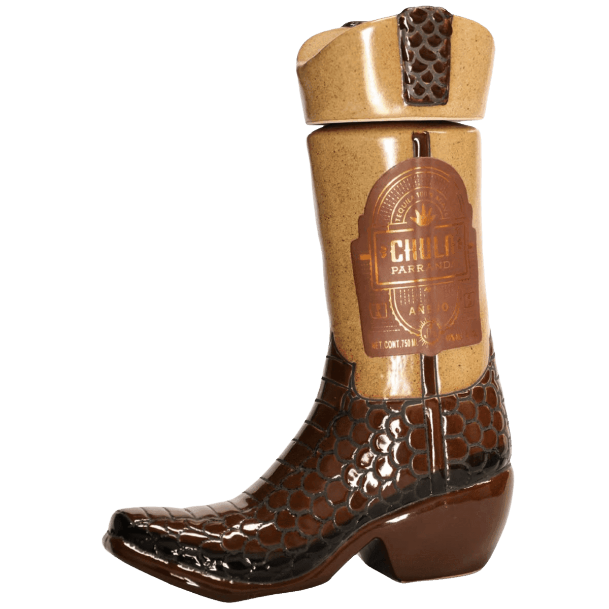 Boot-shaped ceramic tequila bottle with brown glaze