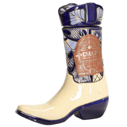 Boot-shaped ceramic tequila bottle with blue design