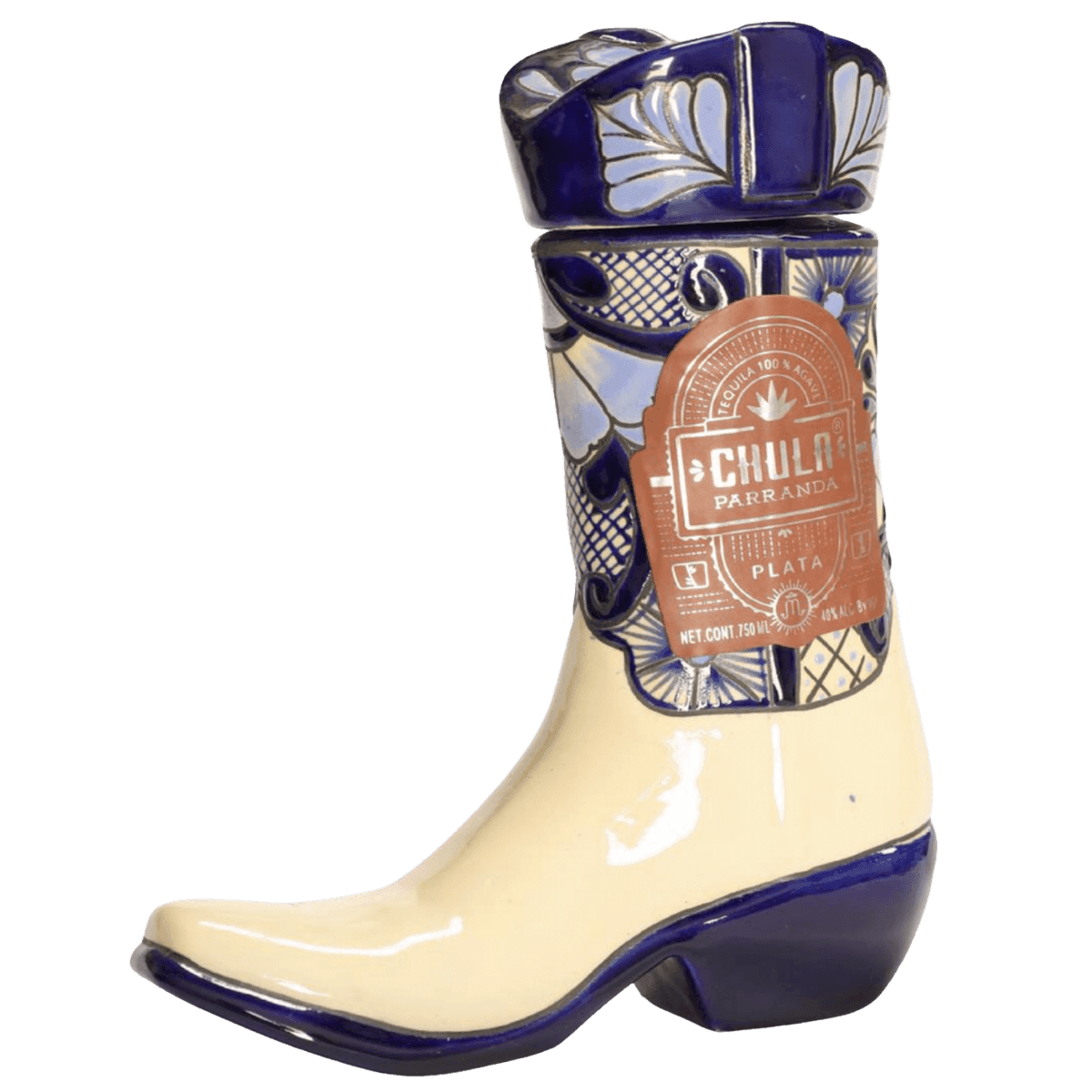 Boot-shaped ceramic tequila bottle with blue design