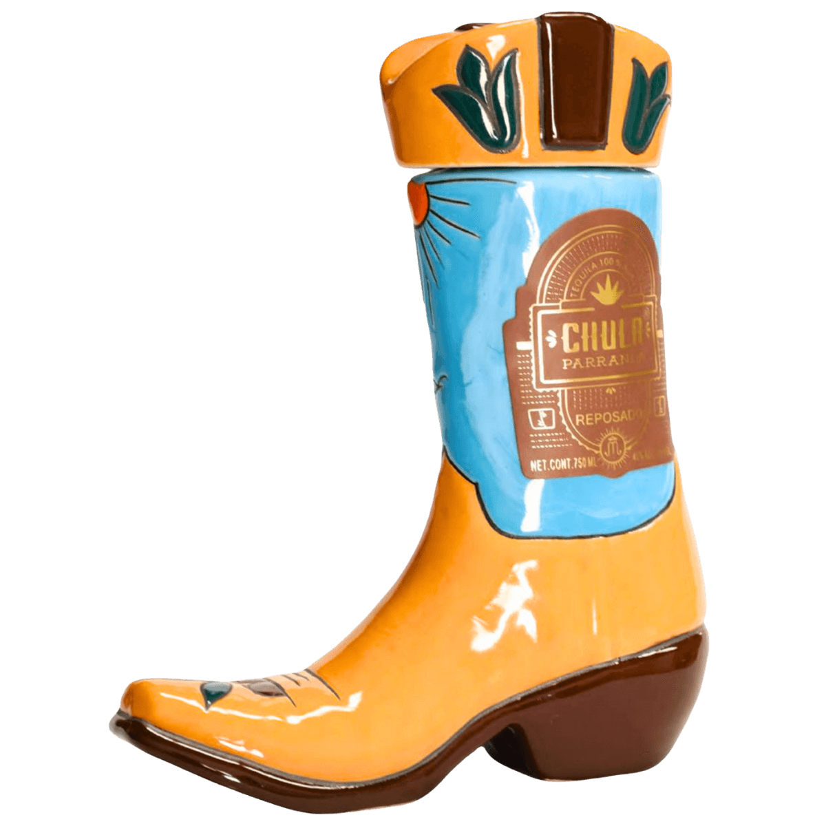Colorful ceramic boot-shaped tequila bottle