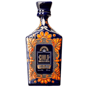 Ornate blue tequila bottle with orange floral design