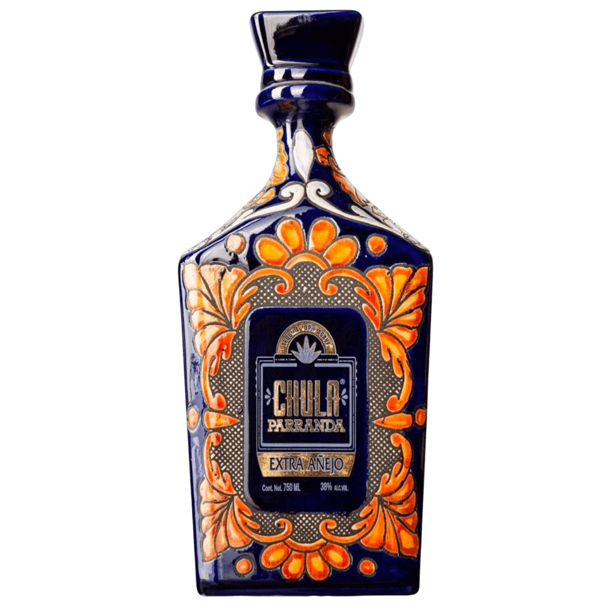 Ornate blue tequila bottle with orange floral design