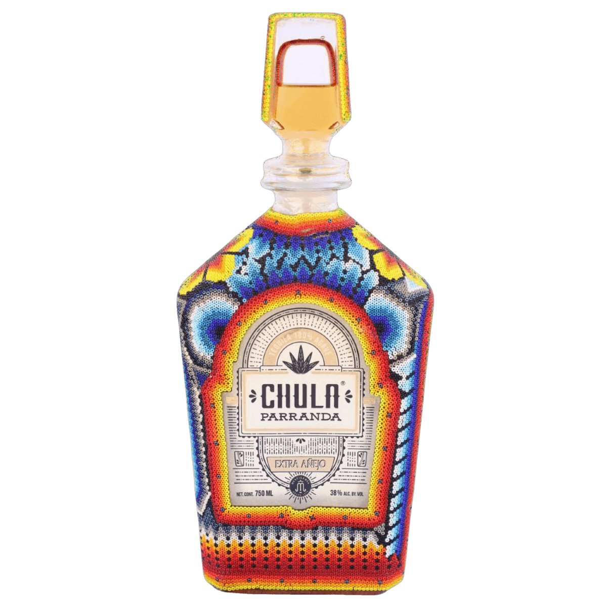 Colorful beaded Chula Parranda Extra Añejo tequila bottle