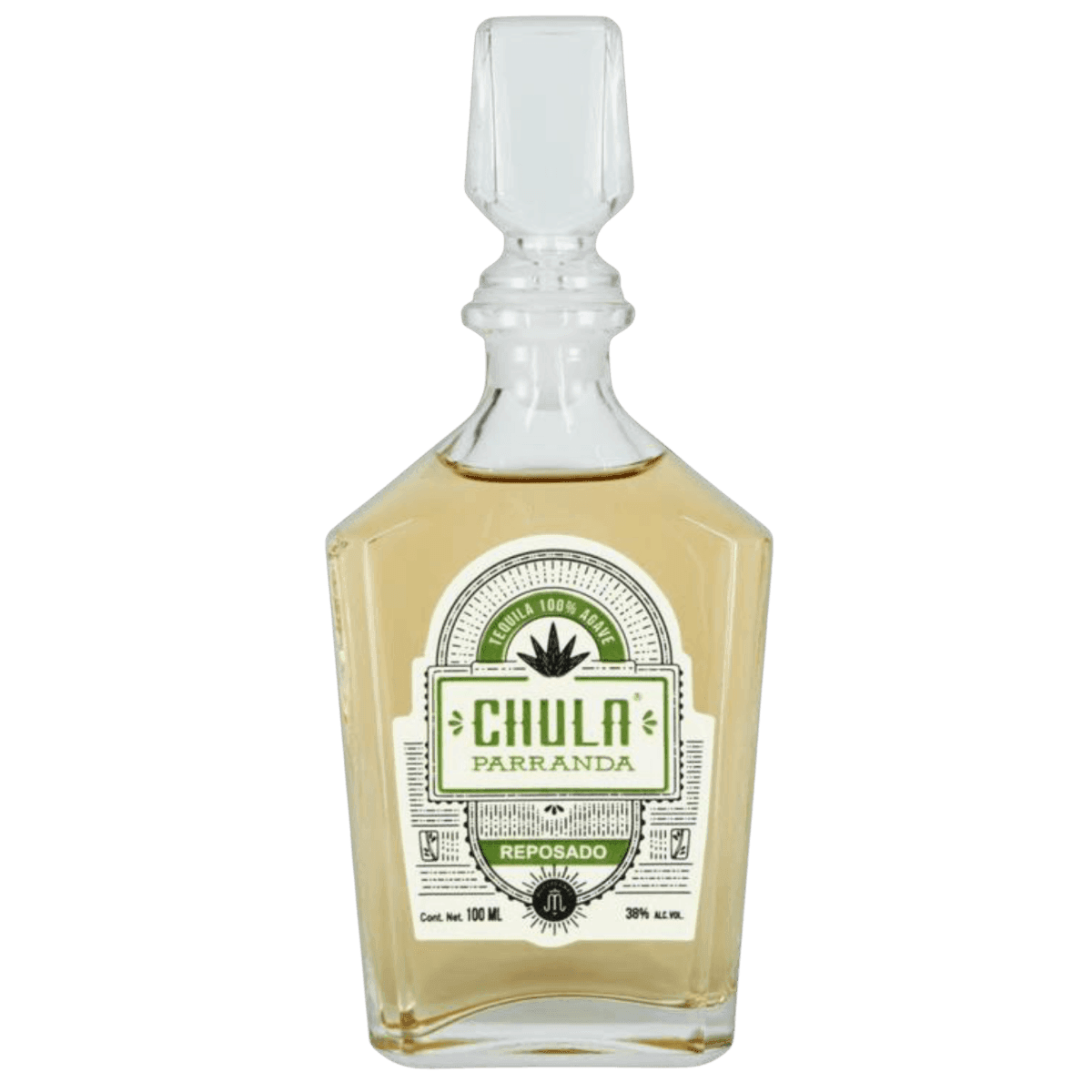 Chula Parranda Reposado tequila bottle with glass stopper