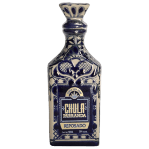 Blue and white Chula Parranda Reposado tequila bottle