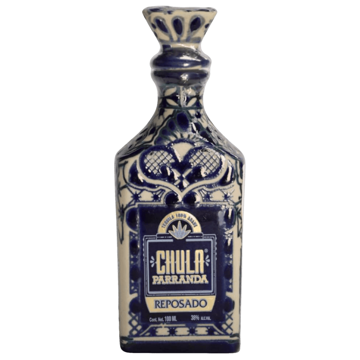 Blue and white Chula Parranda Reposado tequila bottle