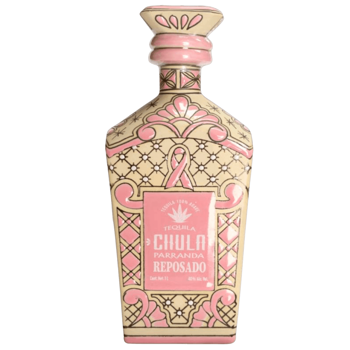 Decorative pink and cream tequila bottle