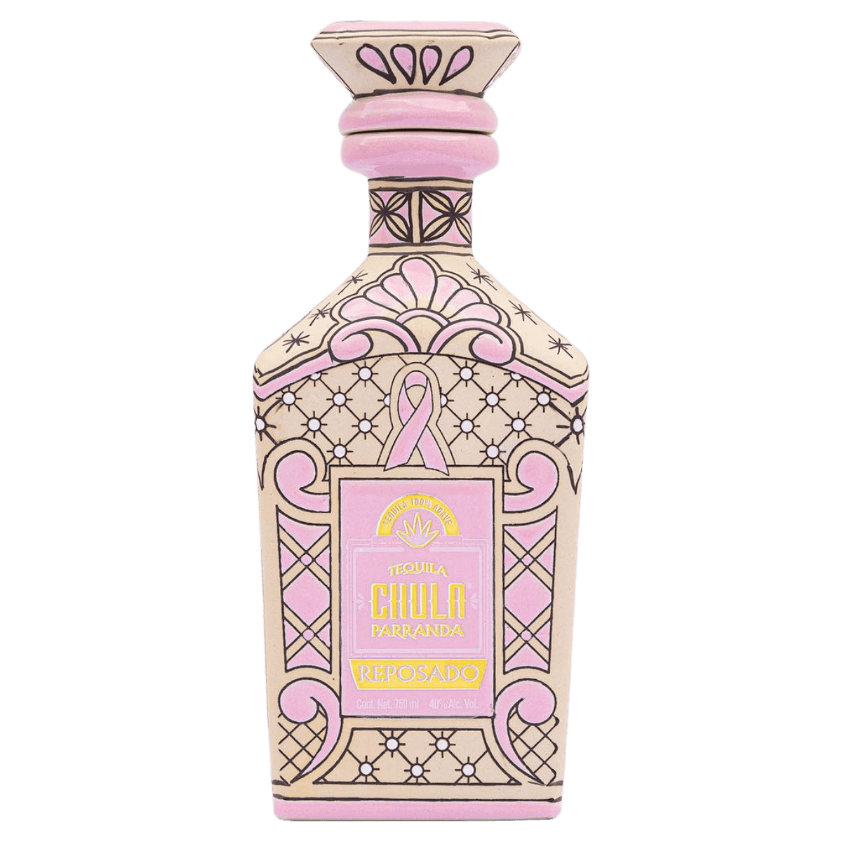 Pink decorative tequila bottle with ribbon design