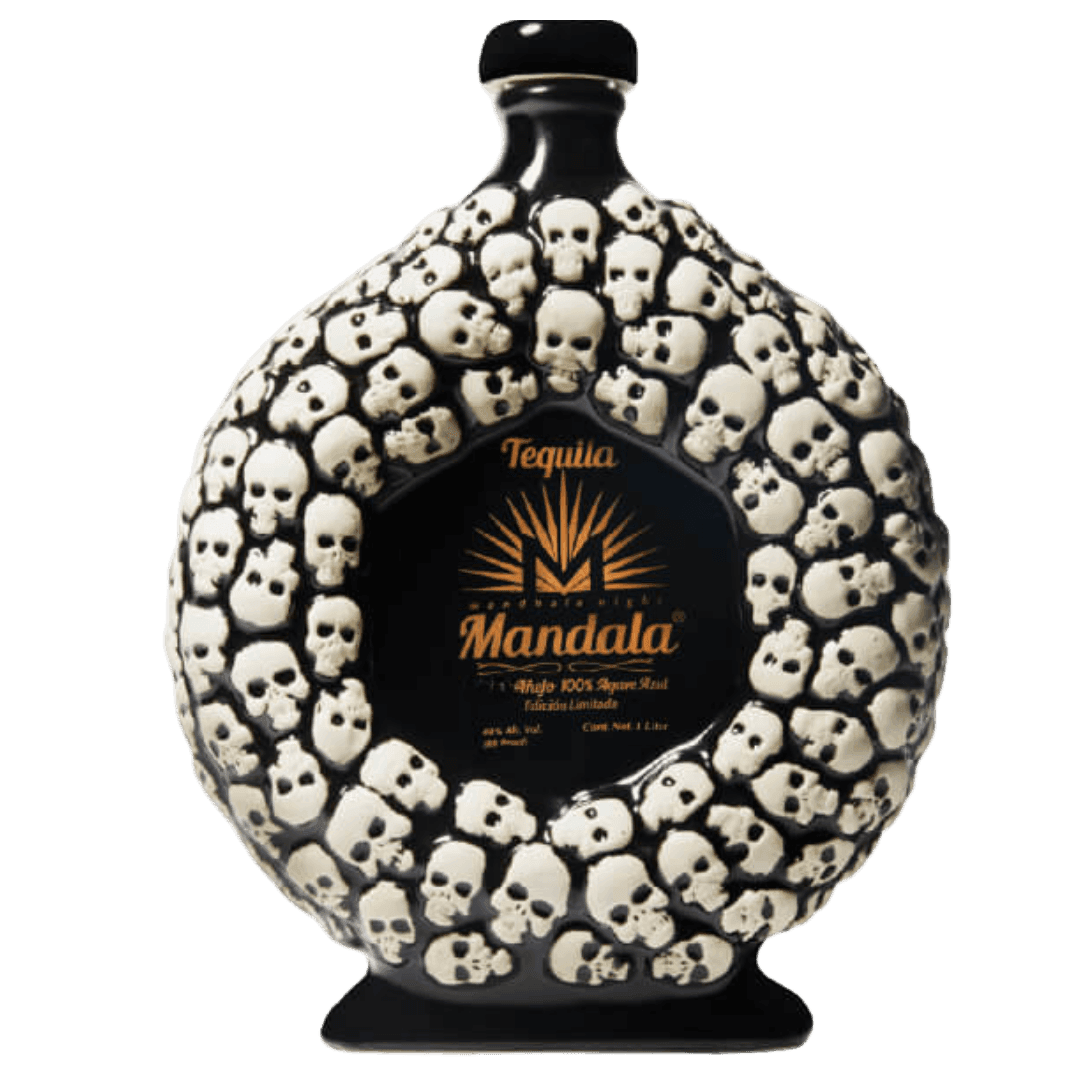 Mandala tequila bottle covered in skull designs