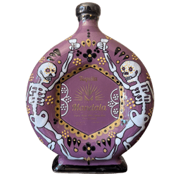Purple Mandala tequila bottle with skeleton artwork