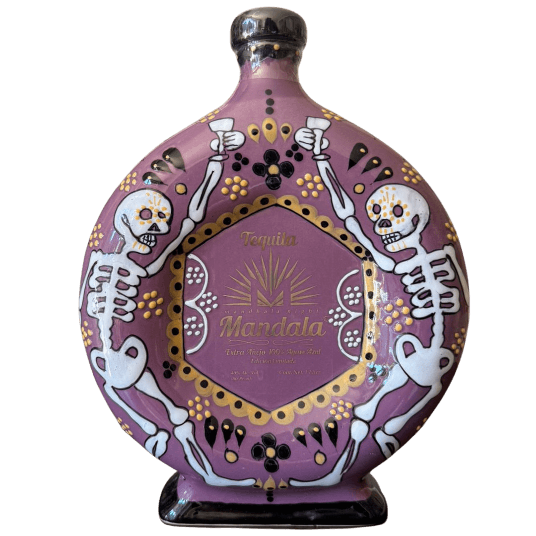 Purple Mandala tequila bottle with skeleton artwork