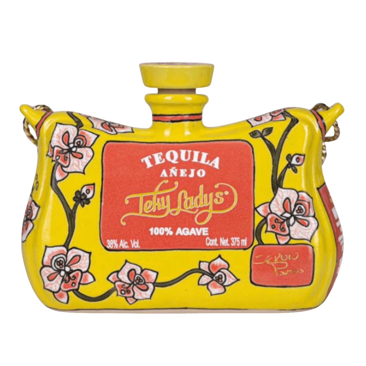 Yellow floral ceramic tequila bottle with red label