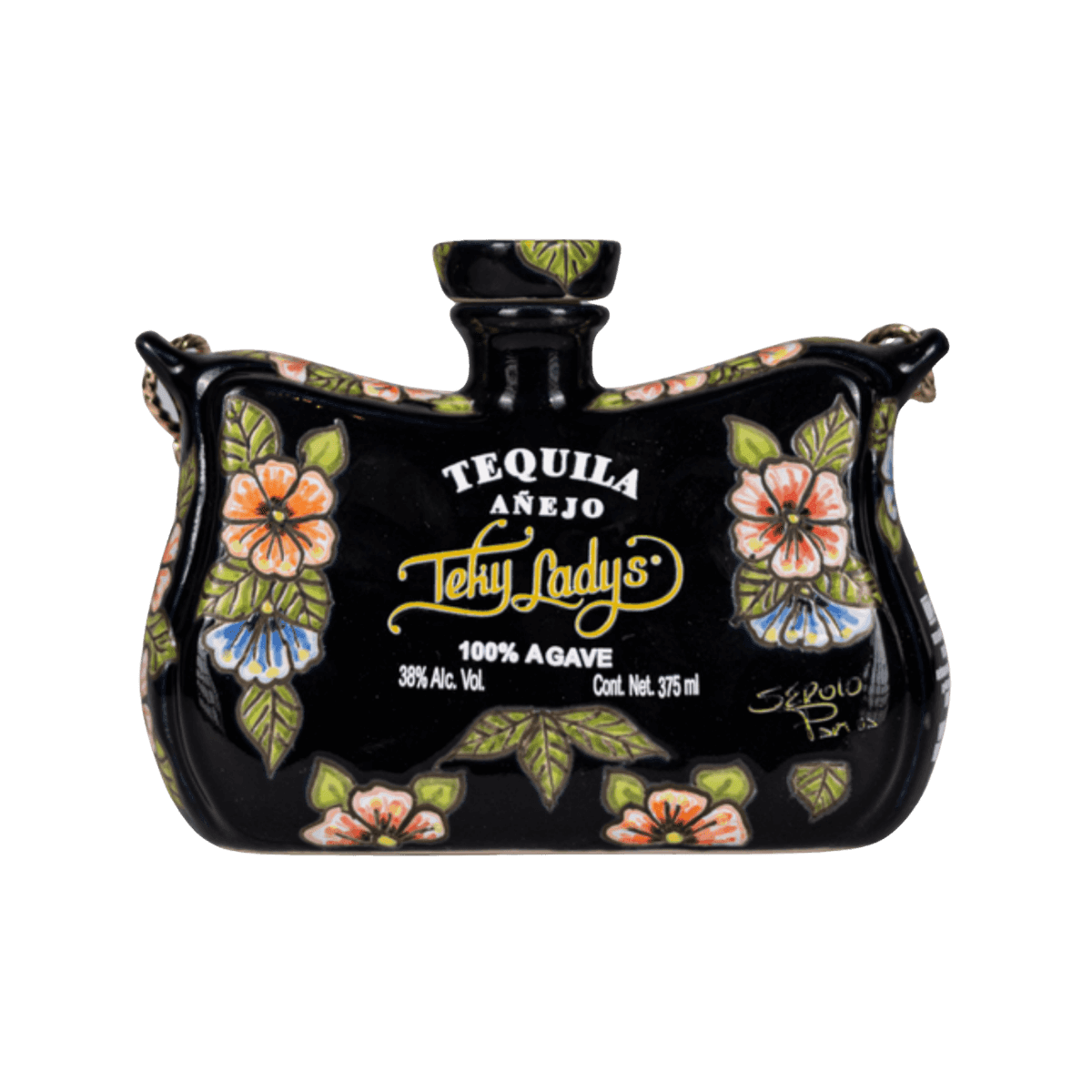 Decorative black ceramic tequila bottle with floral design