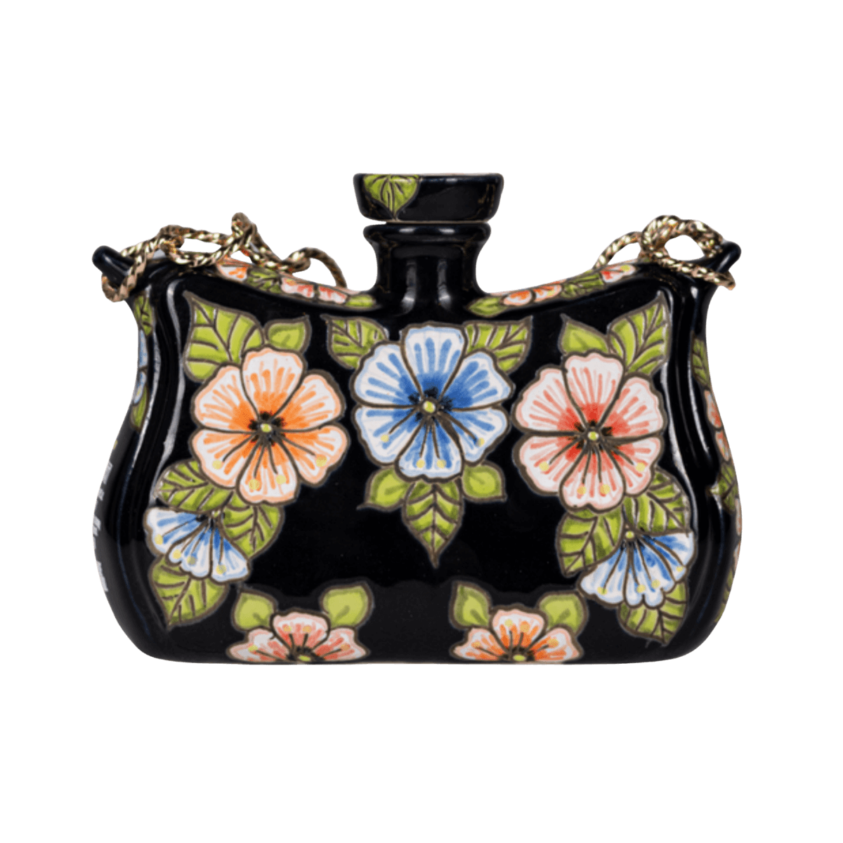 Black ceramic vase with colorful floral design