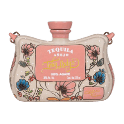Floral ceramic tequila bottle with pink label
