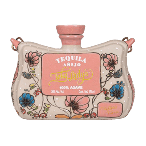 Floral ceramic tequila bottle with pink label