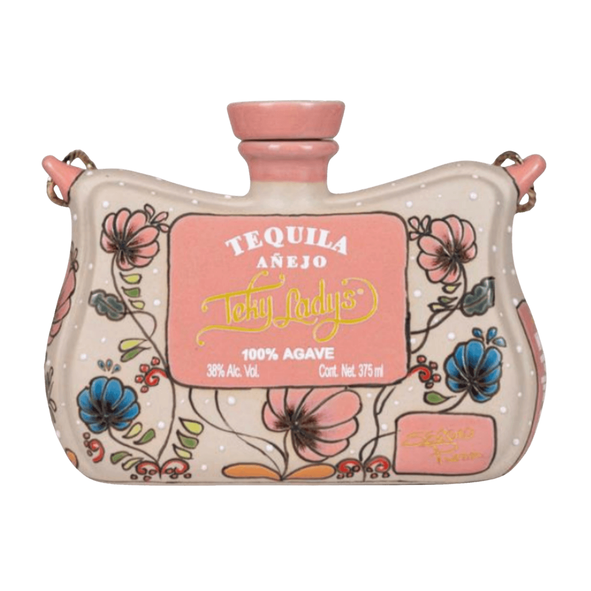 Floral ceramic tequila bottle with pink label