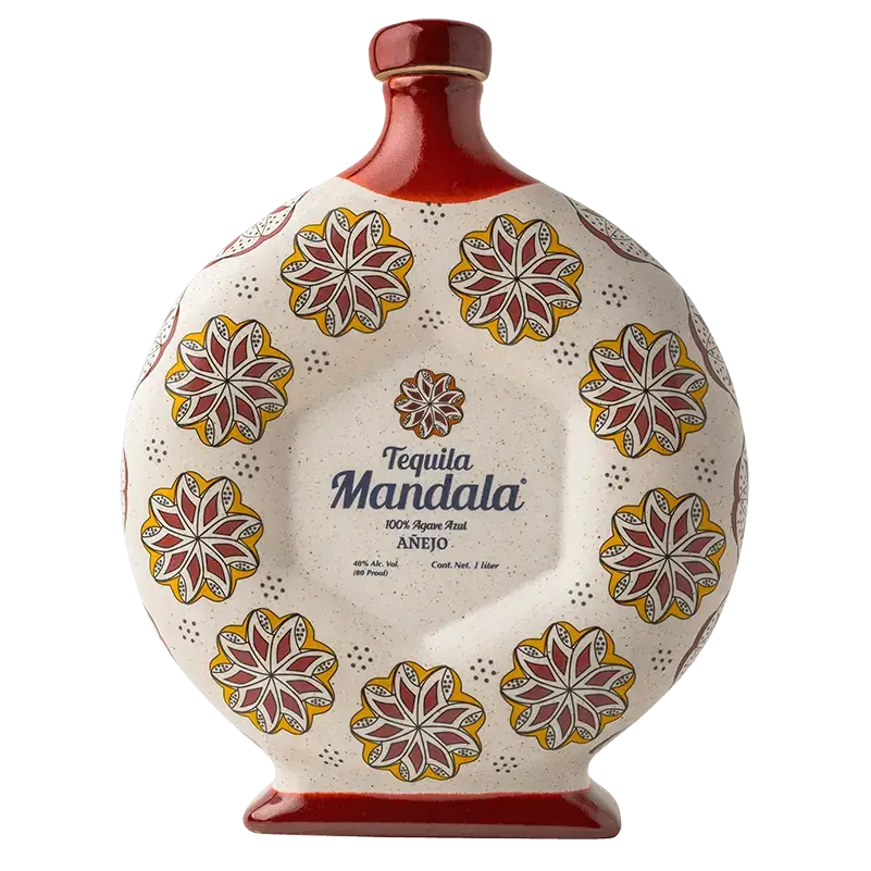 Bouteille de Tequila Mandala Añejo en céramique avec un design coloré